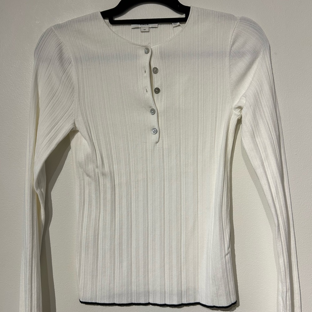 Vince Ribbed Henley Long-Sleeve Top - white with black trim
